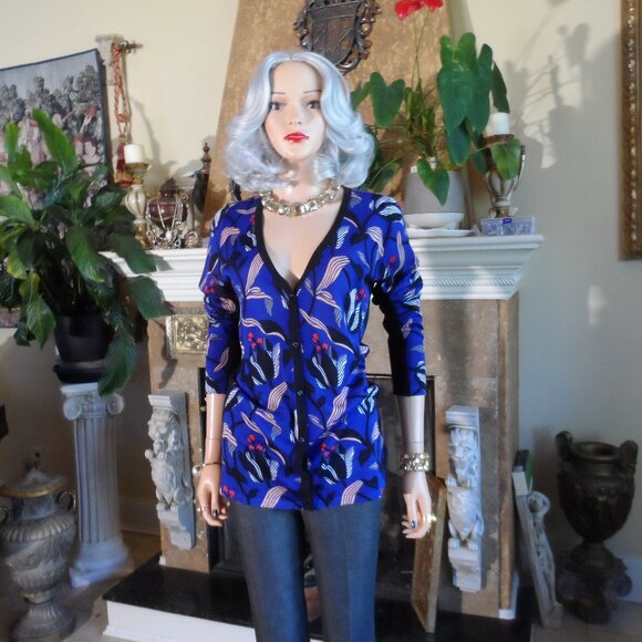 New Escada Cobalt Blue Multi Print Vigin Wool/Silk Blend Cardigan Size L - Picture 1 of 16
